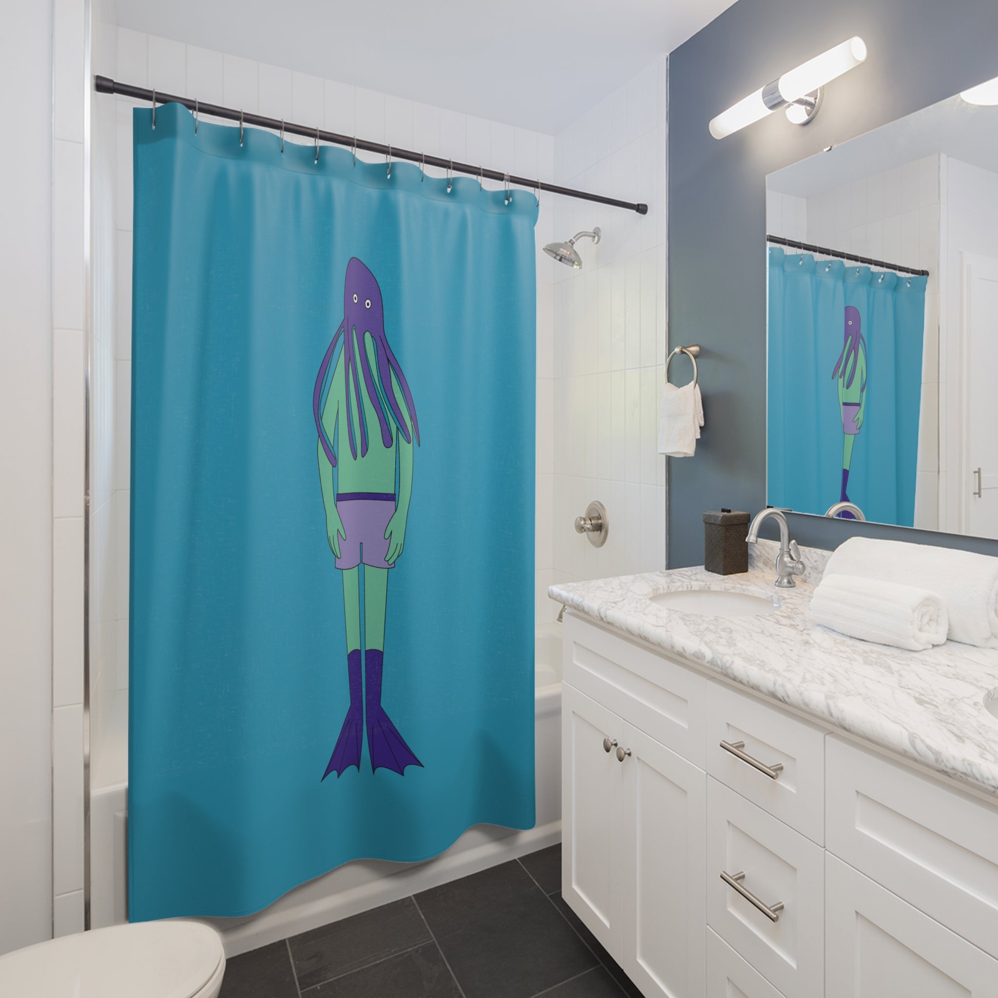 Quirky Octopus-Headed Swimmer Shower Curtain Gift: Whimsical Art for Playful Homes