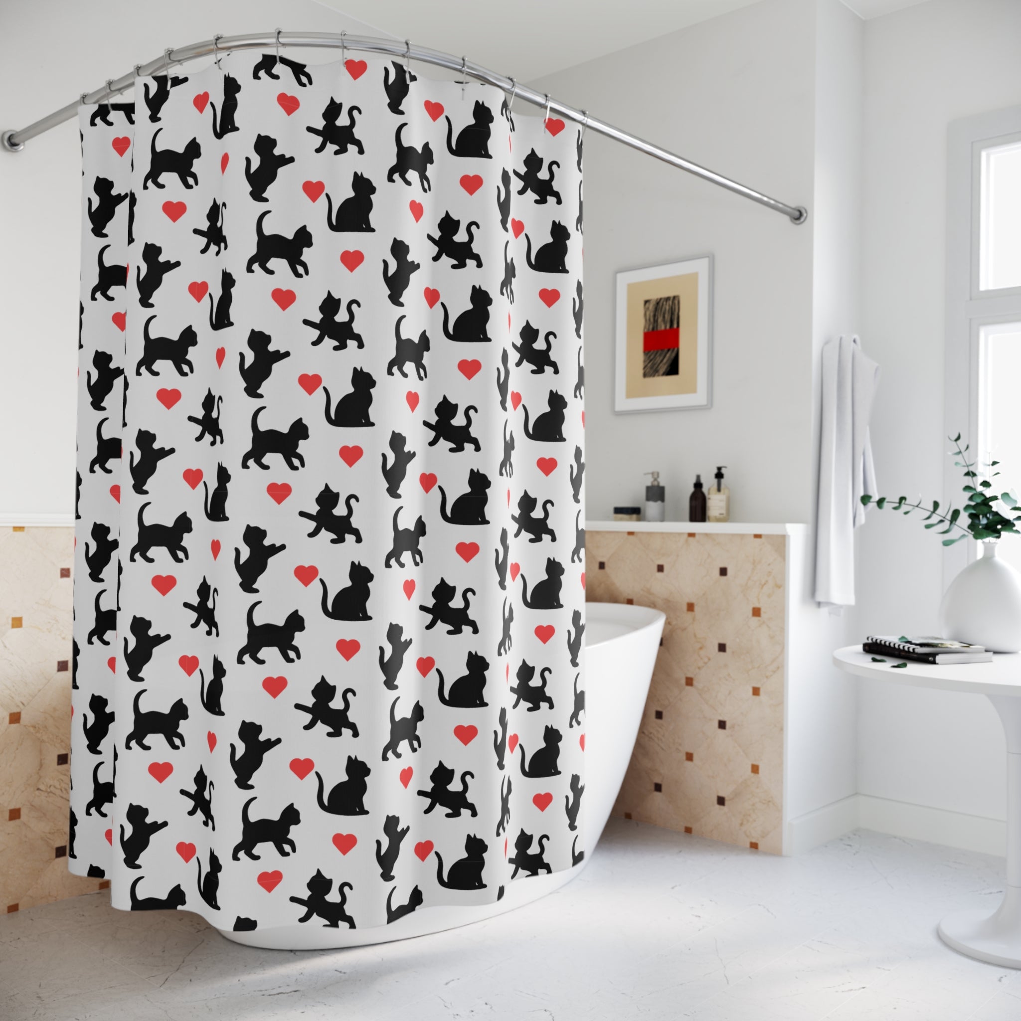 Whimsical Kitty Heart Pattern Shower Curtain Gift: Sweet Goth Style for Cat Lovers