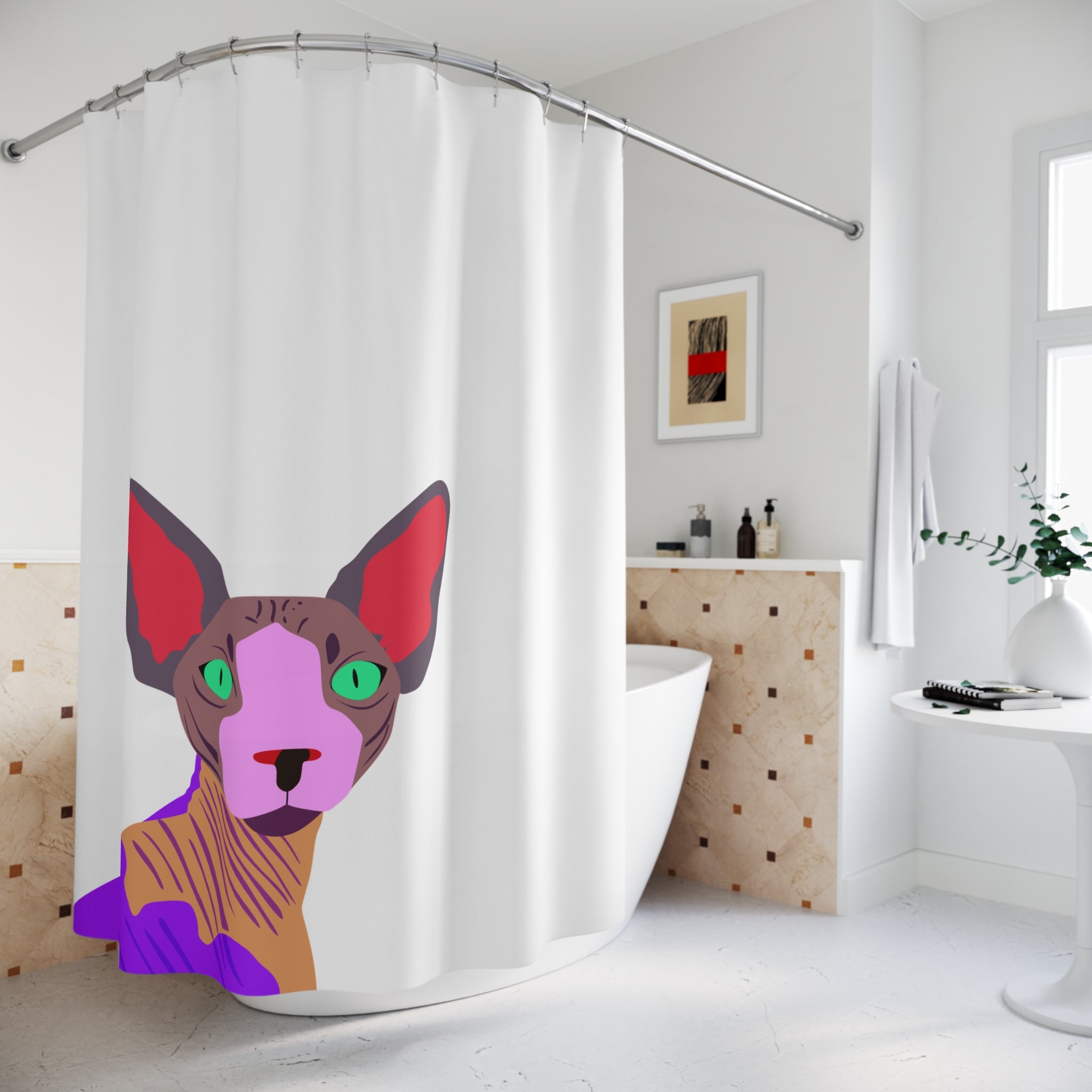 Quirky Sphynx Cat Peek Shower Curtain Gift: Modern Pet Art for Unique Homes