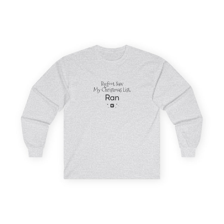 Bigfoot Christmas List long sleeve tee in ash – original NewGiftDay design