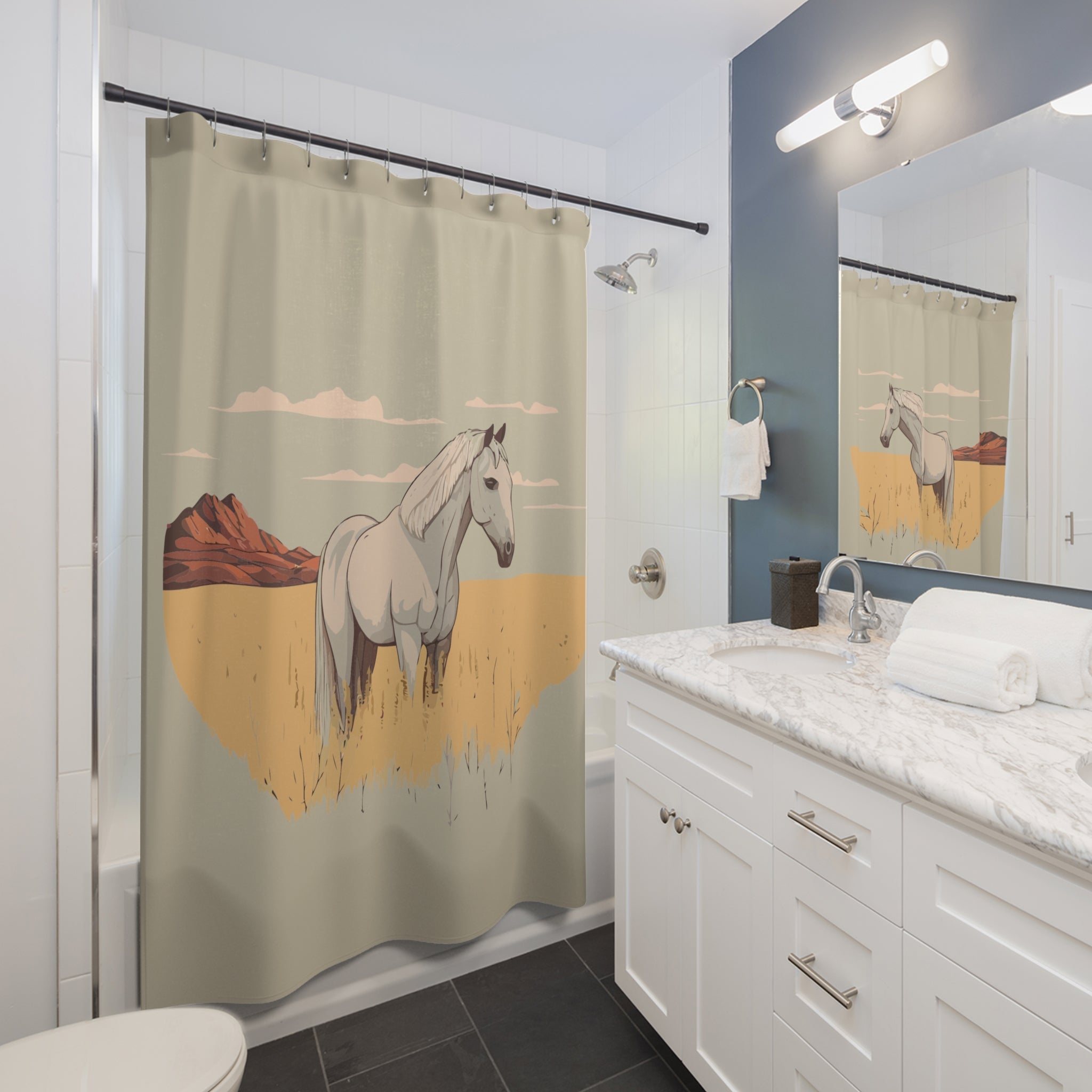 Elegant White Horse Shower Curtain Gift: Western Tranquility for Rustic Homes
