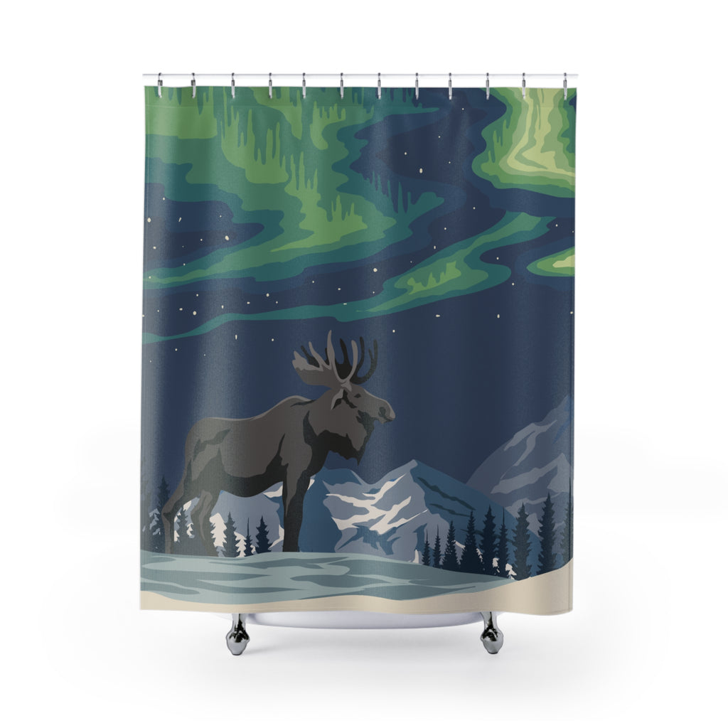 Enchanting Northern Lights Moose Shower Curtain