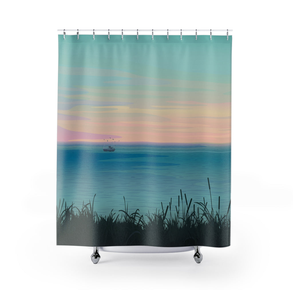 Tranquil Lake Sunset Shower Curtain Gift: Serene Horizons for Peaceful Homes