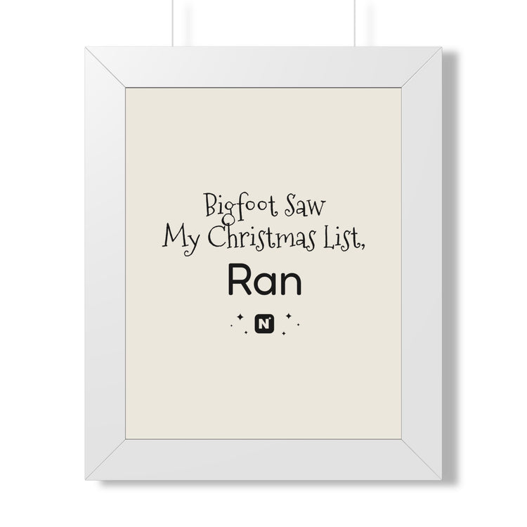 Bigfoot Christmas List Framed poster in white – original NewGiftDay design