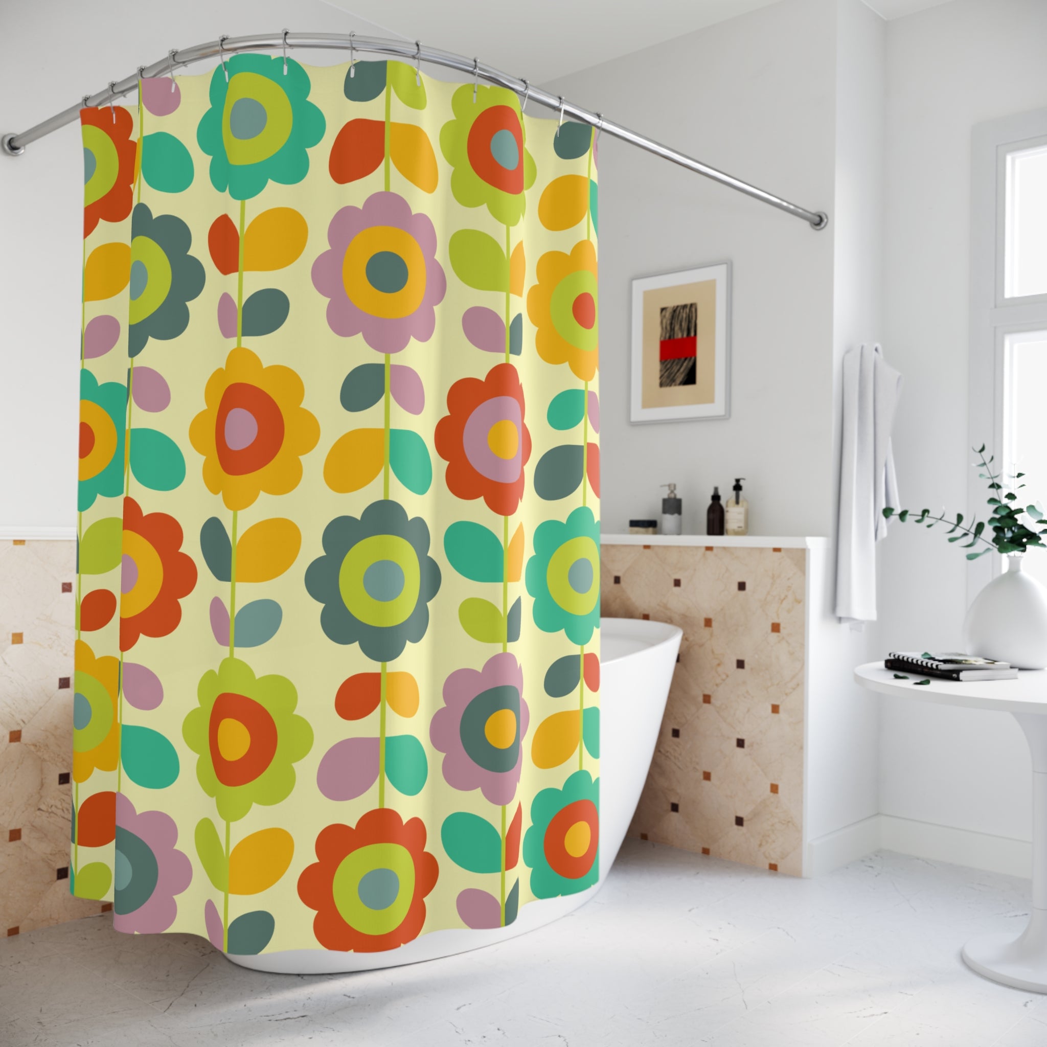 Mod Geometric Flowers Yellow Shower Curtain Gift: Retro Pop for Stylish Homes