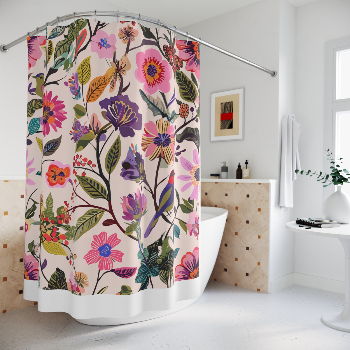 Blush Bird Garden Printed for Botanical Bath Charm shower curtain – original NewGiftDay design, view 4