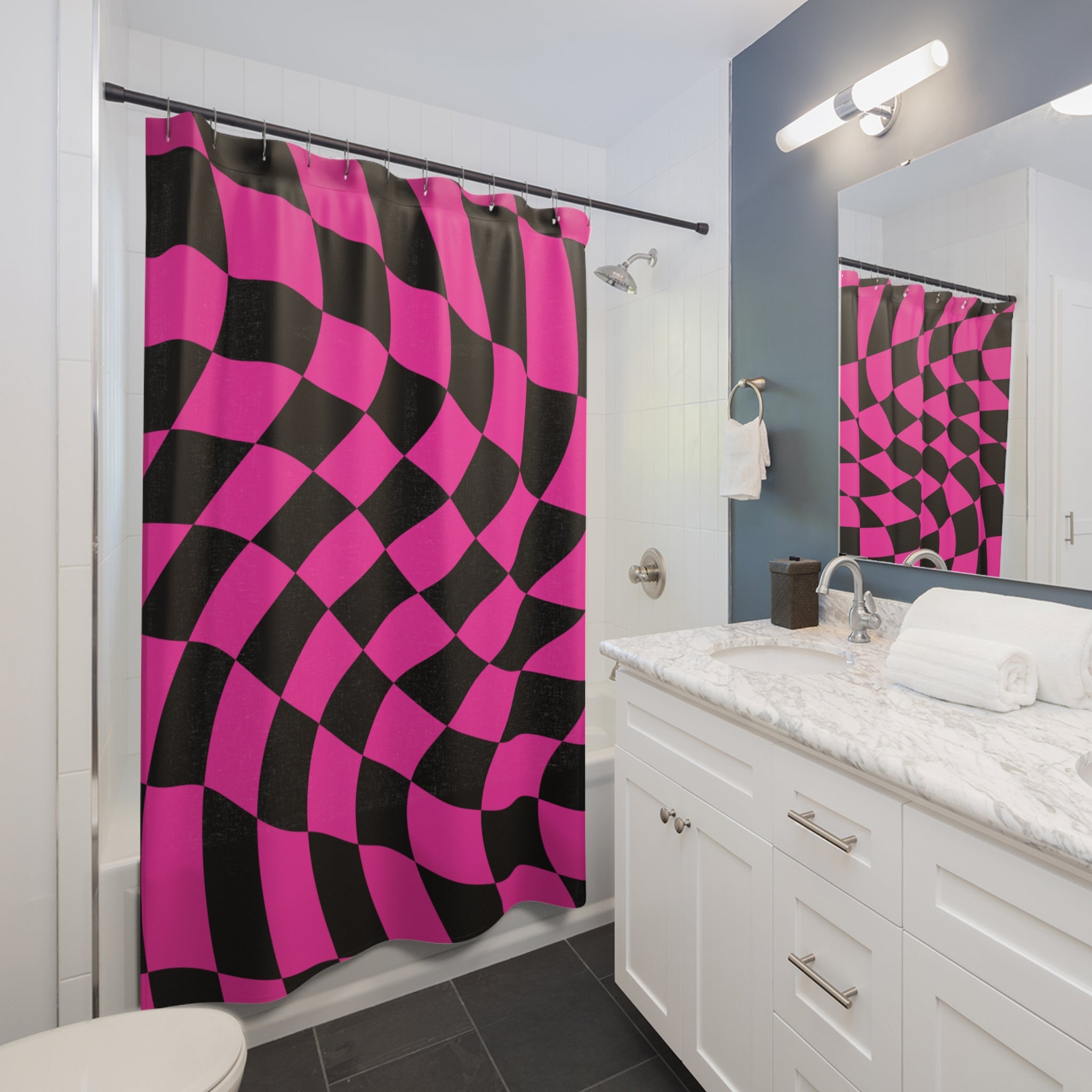 Psychedelic Hot Pink Checkerboard Shower Curtain Gift: Retro-Modern for Vibrant Homes