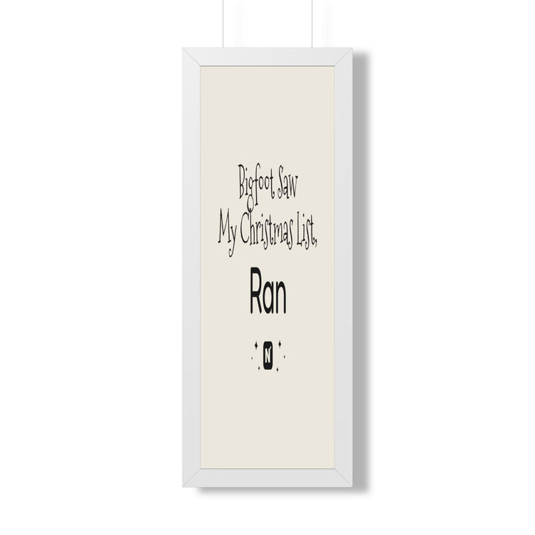 Bigfoot Christmas List Framed poster in white – original NewGiftDay design