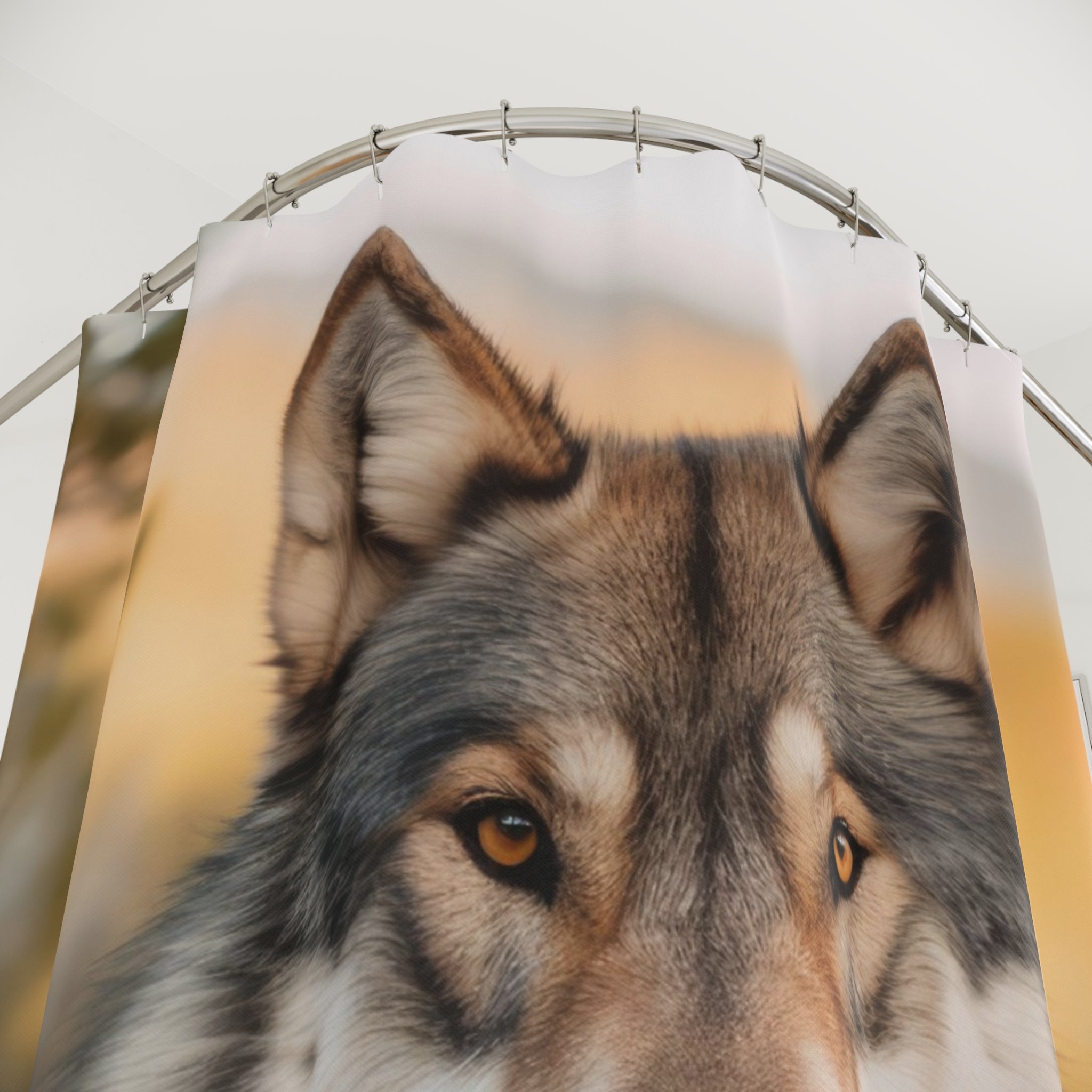 Majestic Amber-Eyed Wolf Shower Curtain Gift: Wilderness Spirit for Bold Homes