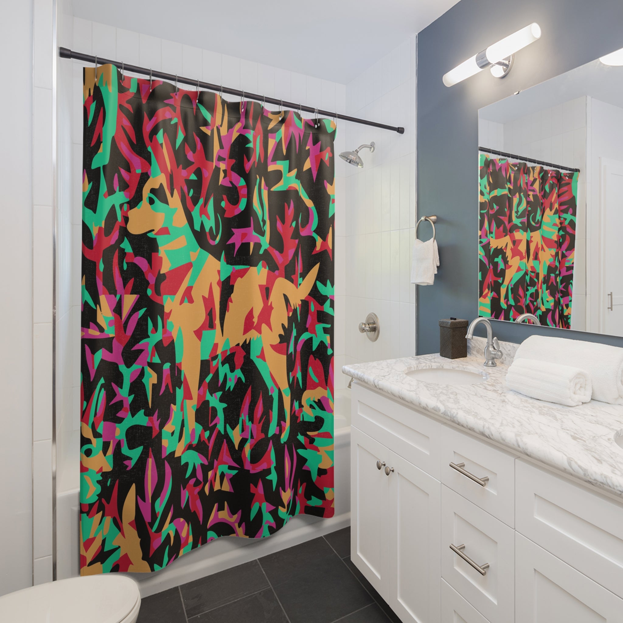 Abstract Camouflage Dog Shower Curtain Gift: Playful Art for Canine-Loving Homes