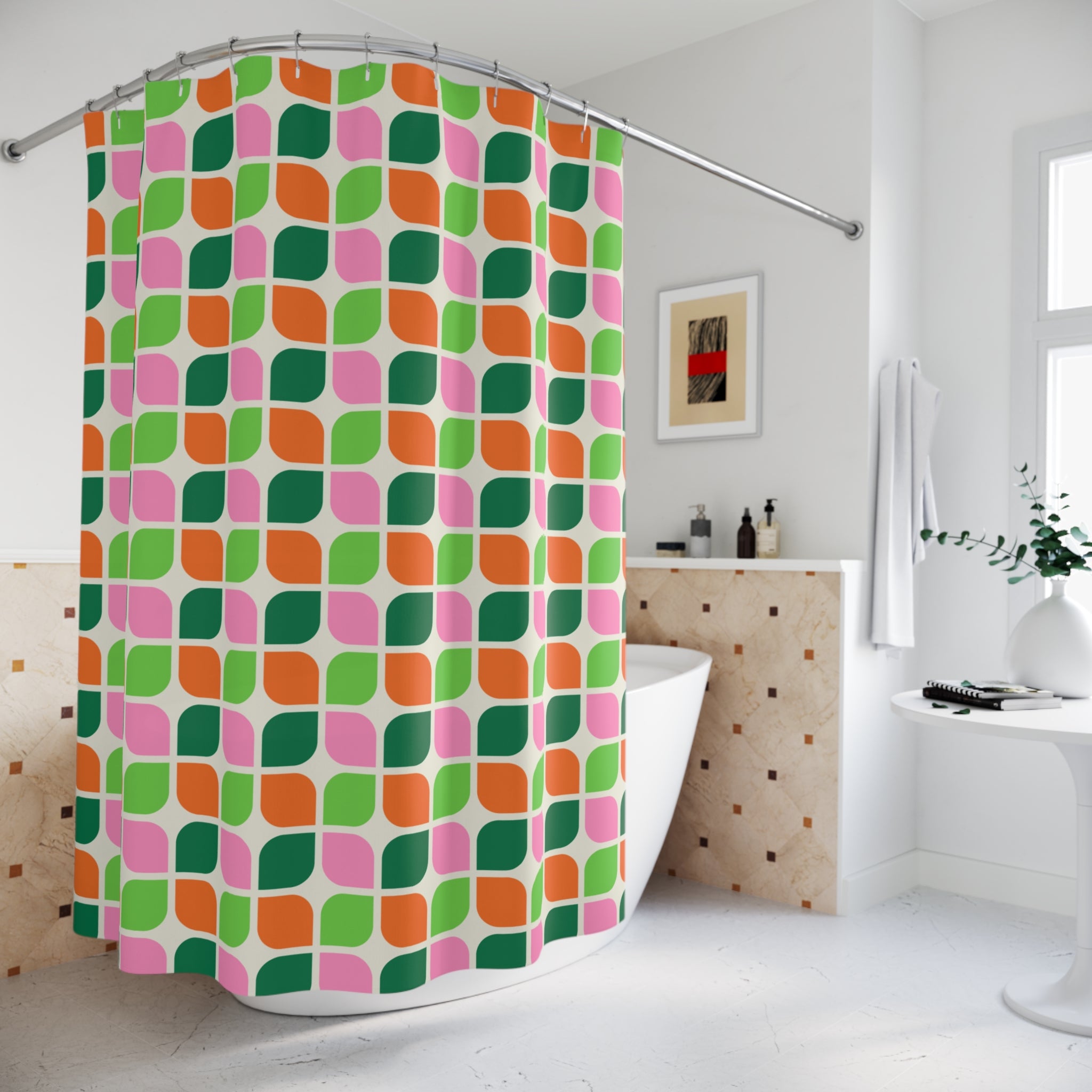 Retro Petal Grid Shower Curtain Gift: Organic Mid-Century Vibe for Colorful Homes