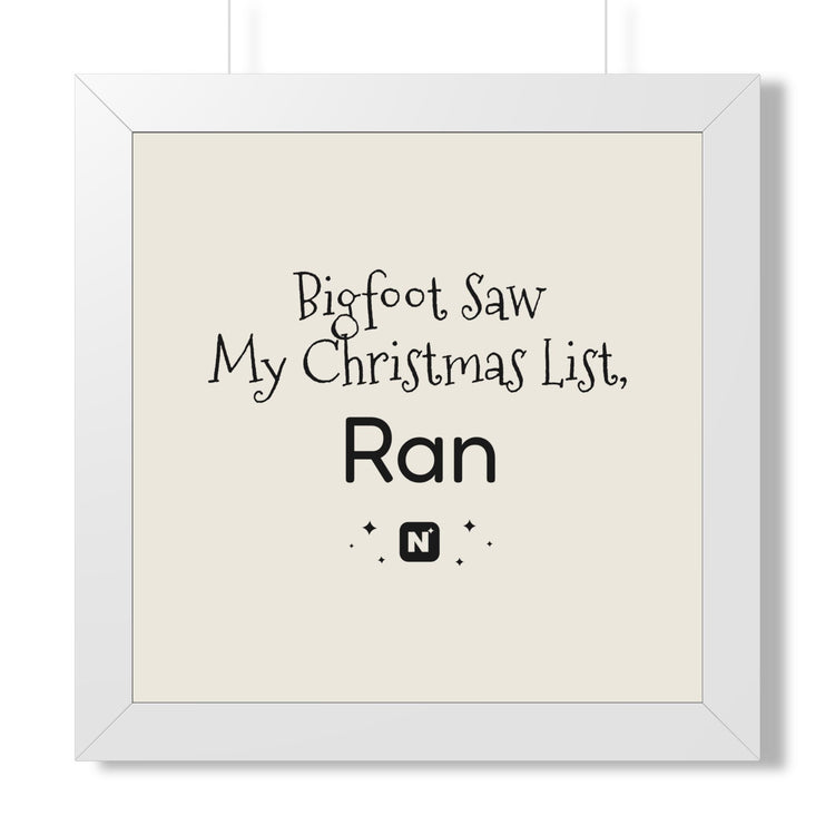 Bigfoot Christmas List Framed poster in white – original NewGiftDay design