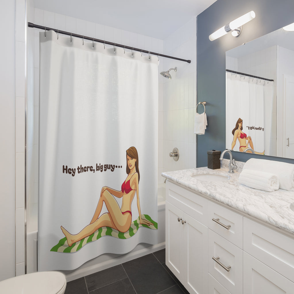 "Hey There, Big Guy" Pin-Up Shower Curtain Gift: Retro Humor for Bold Personalities