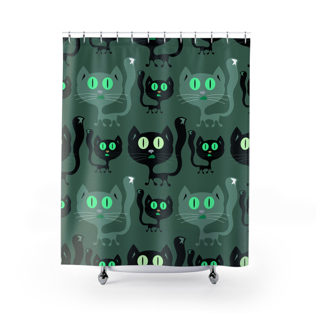 Whimsical Black Cat Pattern Green Shower Curtain Gift: Cozy Feline Charm for Pet Lovers