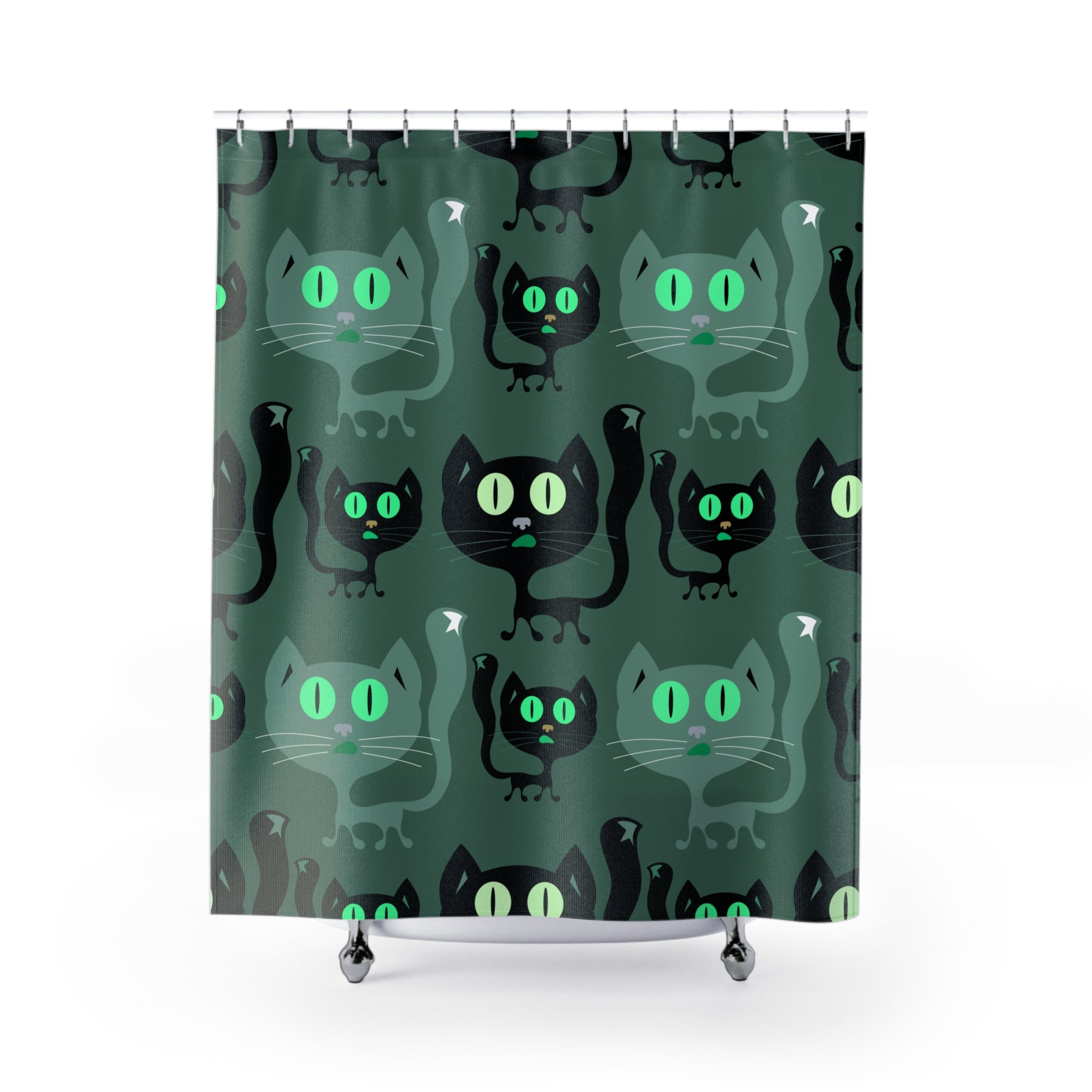 Whimsical Black Cat Pattern Green Shower Curtain Gift: Cozy Feline Charm for Pet Lovers