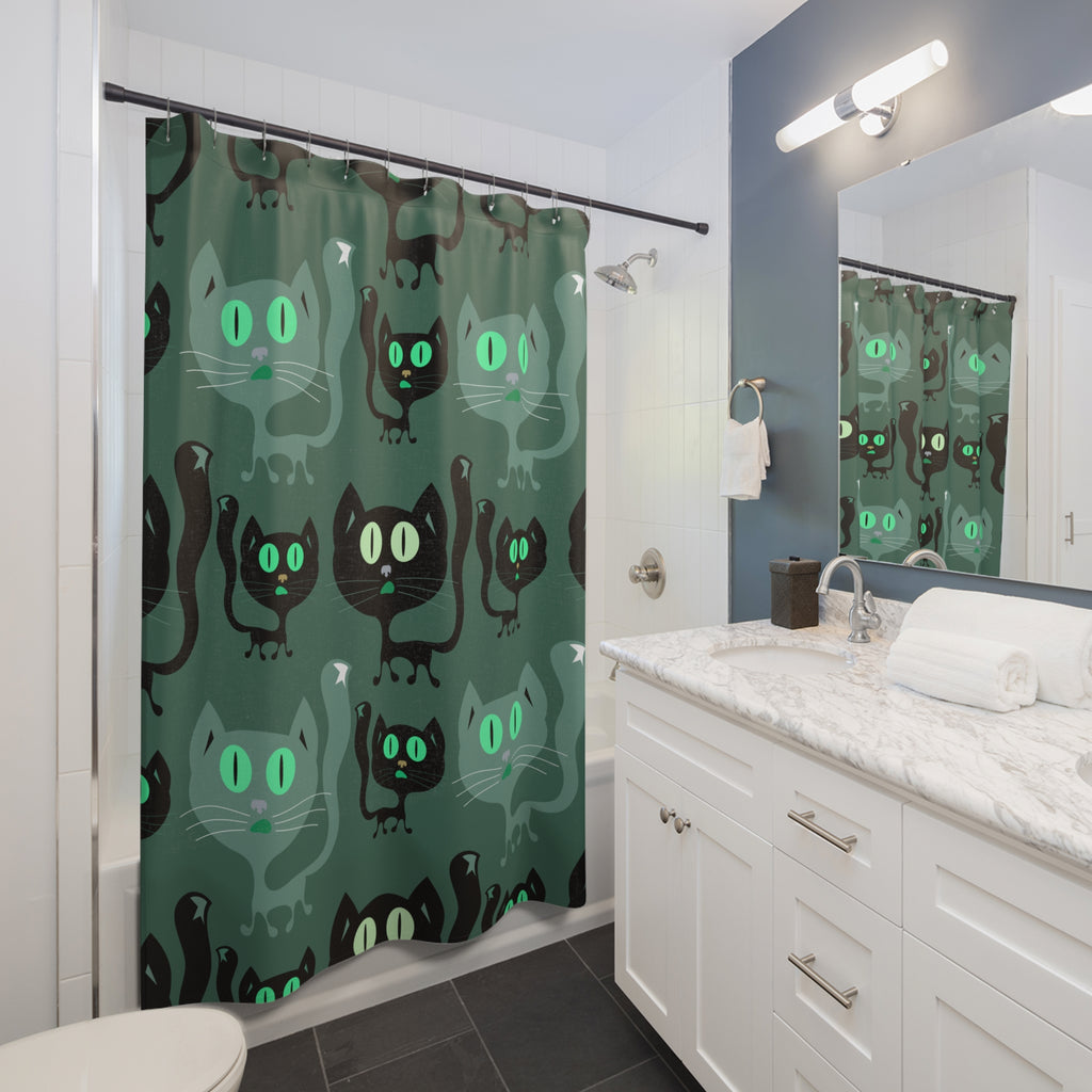 Whimsical Black Cat Pattern Green Shower Curtain Gift: Cozy Feline Charm for Pet Lovers