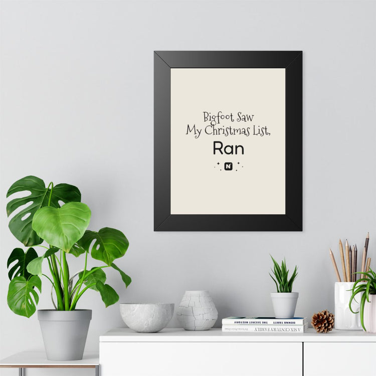 Bigfoot Christmas List Framed Vertical Poster mockup