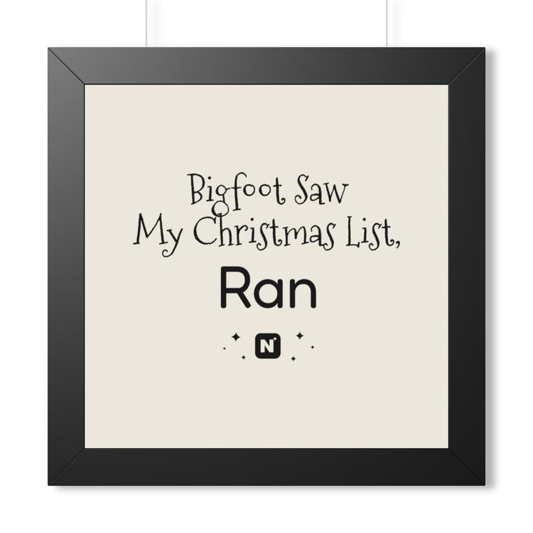 Bigfoot Christmas List Framed Vertical Poster mockup