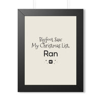 Bigfoot Christmas List Framed Vertical Poster mockup