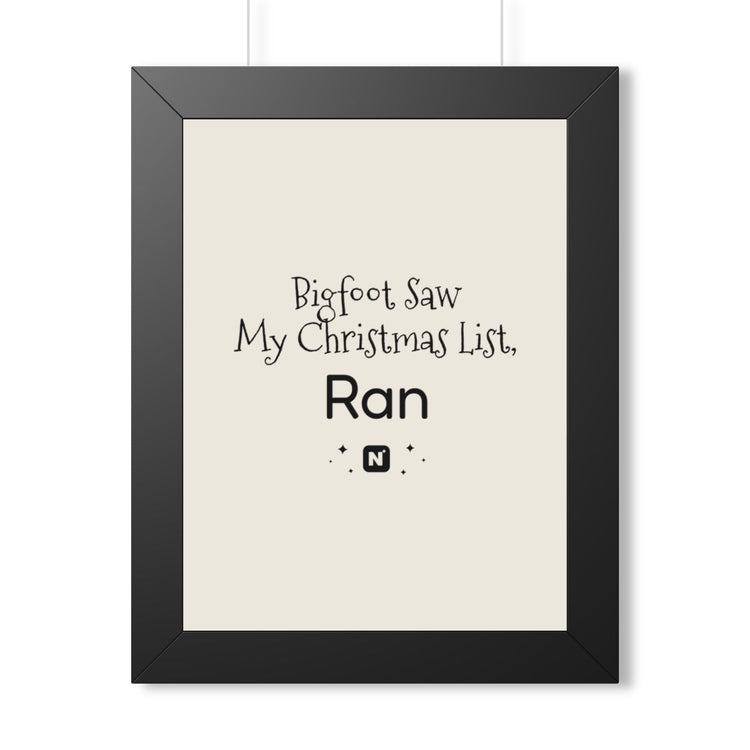 Bigfoot Christmas List Framed Vertical Poster mockup