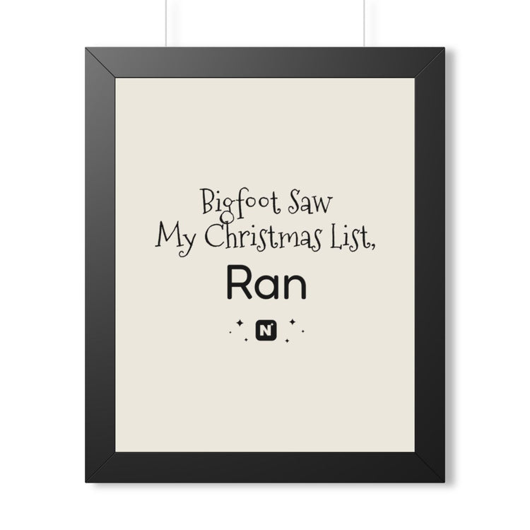 Bigfoot Christmas List Framed Vertical Poster mockup