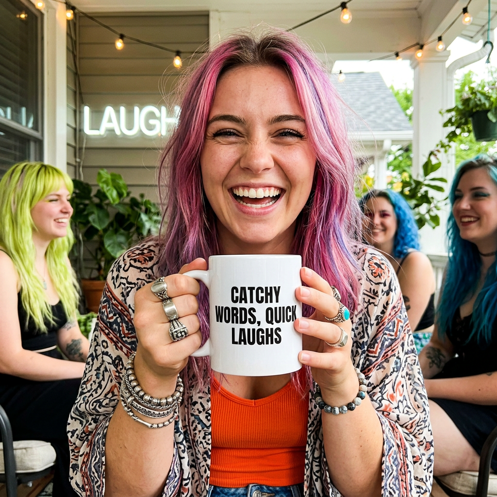 Catchy Words Quick Laughs Funny Mug worn by a model