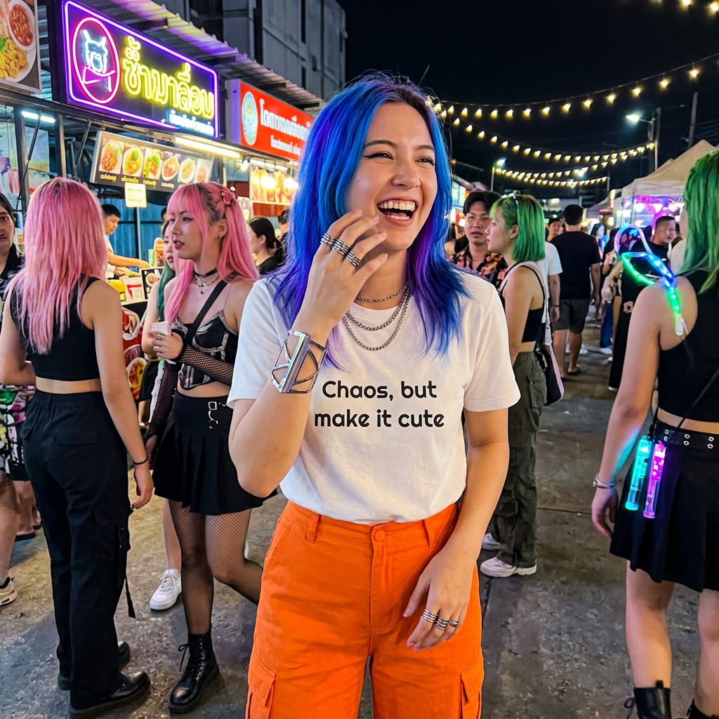 Chaos But Make It Cute Funny T-Shirt worn by a model
