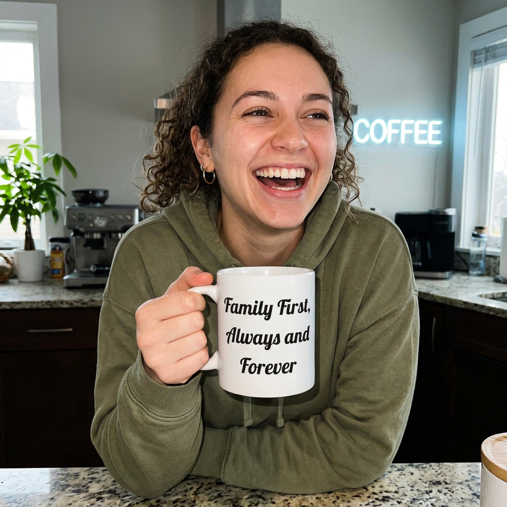 Family First Always Forever Mug worn by a model