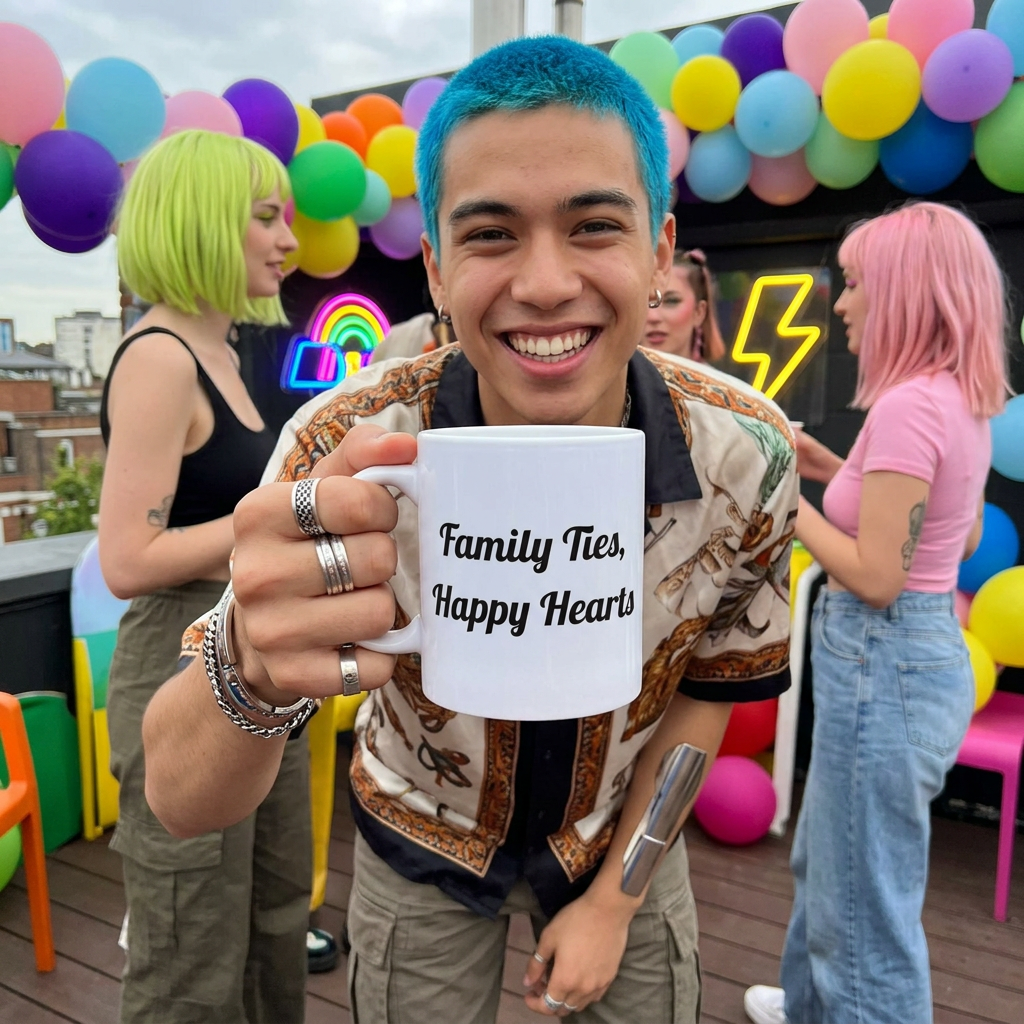Family Ties, Happy Hearts Ceramic Coffee Mug for Cozy Morning Chats worn by a model