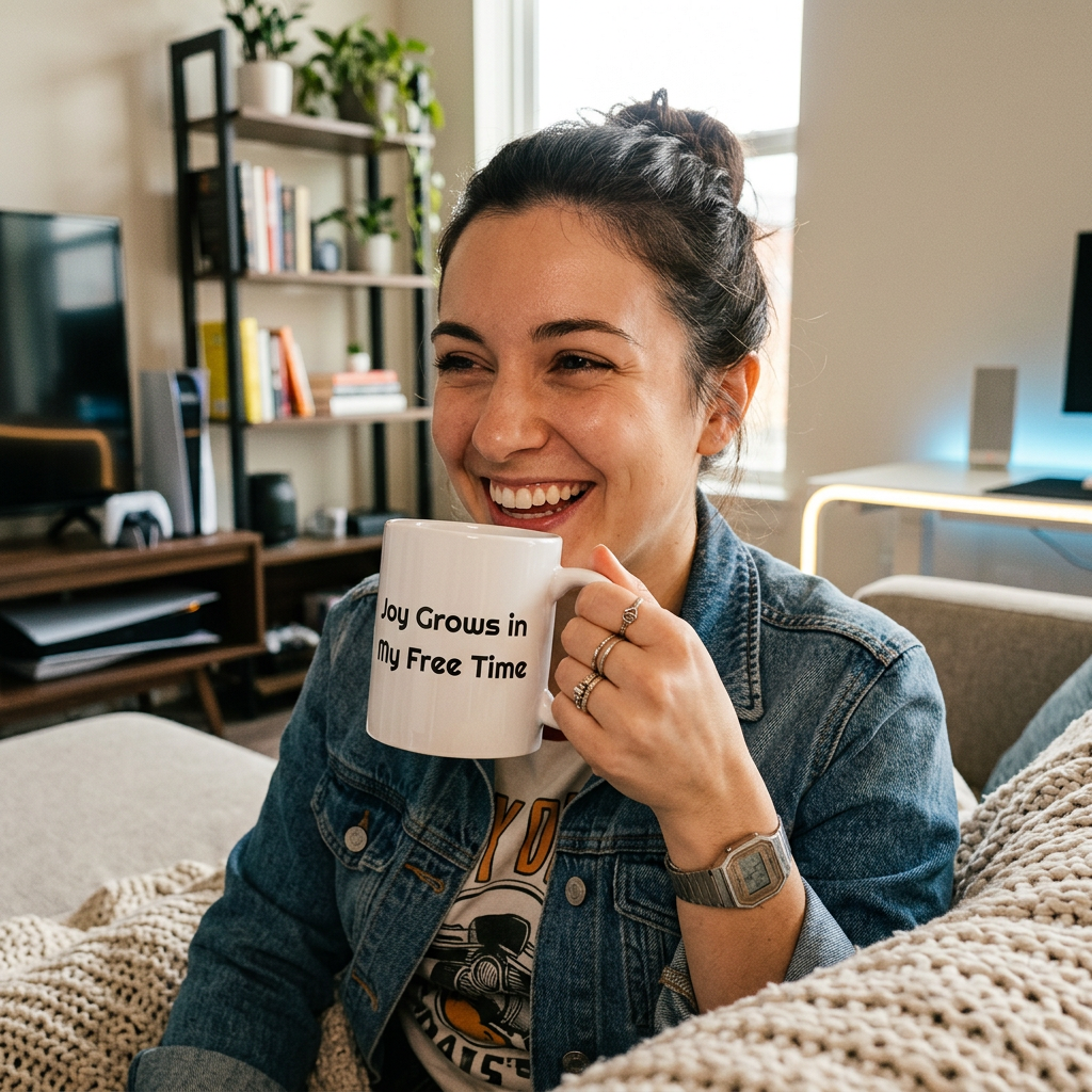 Joy Grows in My Free Time Mug worn by a model