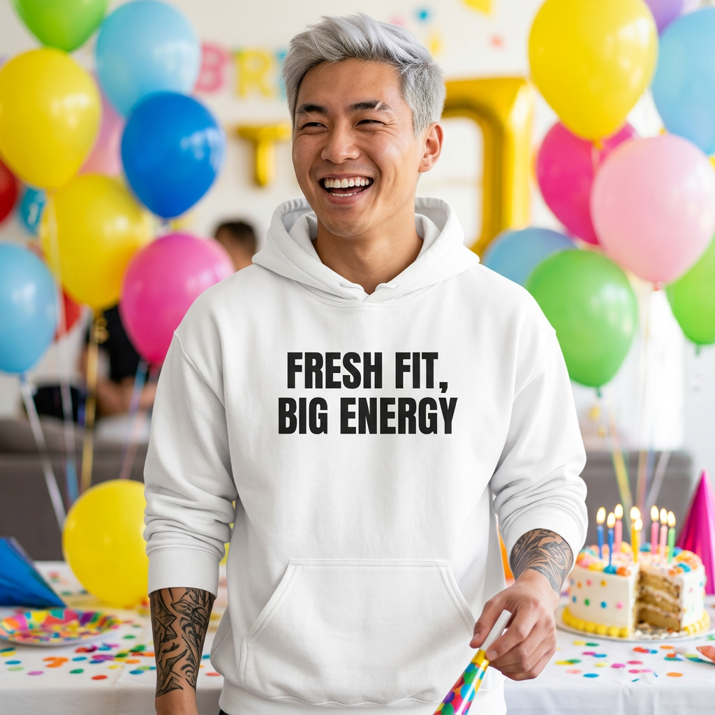 Fresh Fit Big Energy DTG Printed Hoodie for Cozy Confidence worn by a model