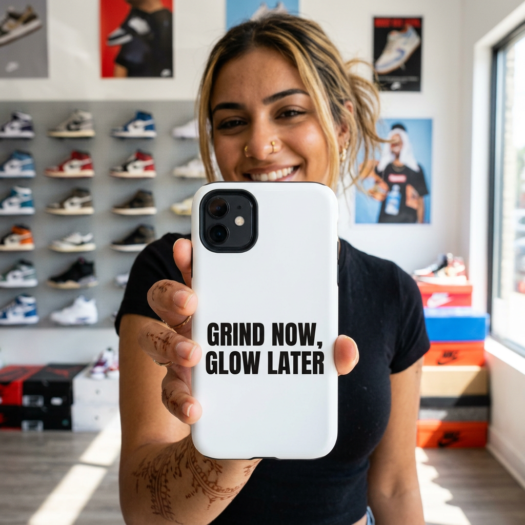 Grind Now, Glow Later Phone Case worn by a model