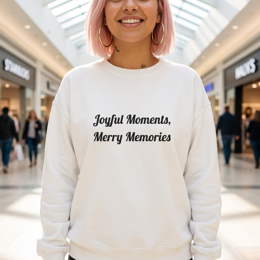 Merry Moments DTG Printed Crewneck Sweatshirt for Winter Cheer worn by a model