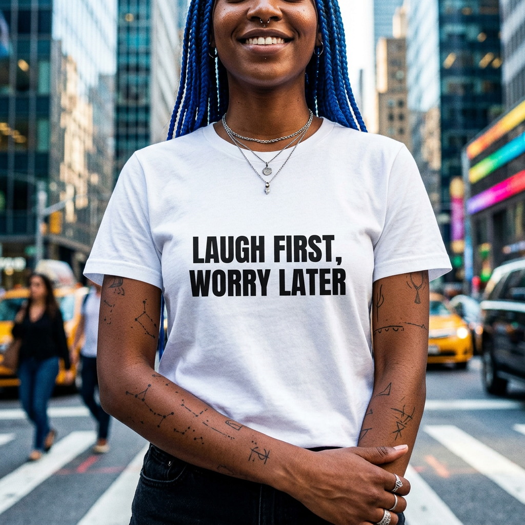 Laugh First DTG Printed T-Shirt for Easygoing Days worn by a model