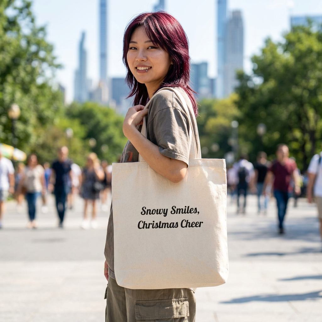 Snowy Smiles, Christmas Cheer Tote Bag worn by a model