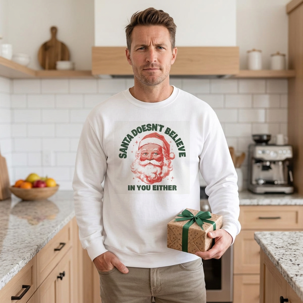 Santa Doesn't Believe in You Either Sweatshirt worn by a model