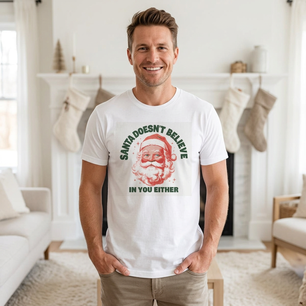 Santa Doesn't Believe in You Either T-Shirt worn by a model