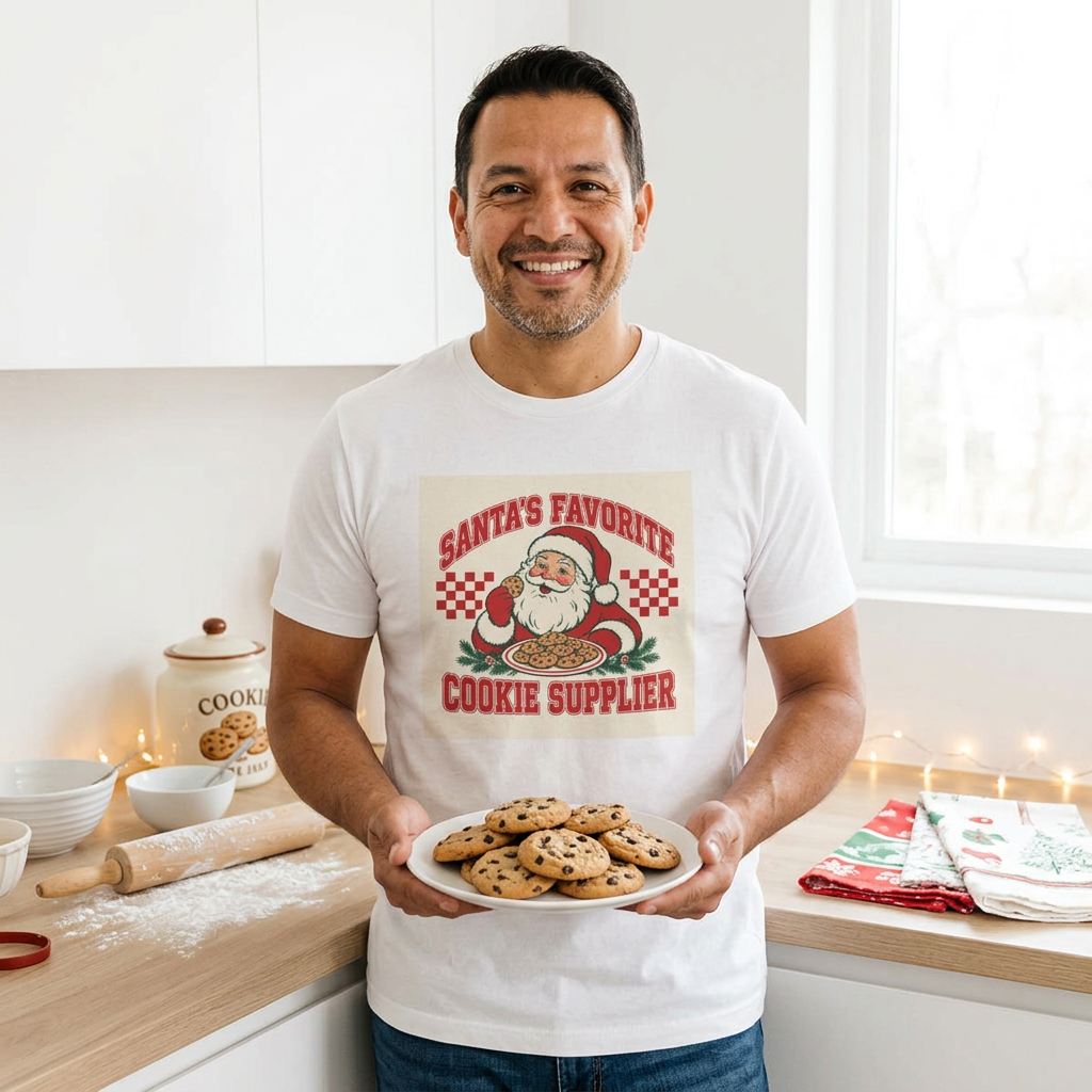 Santa's Favorite Cookie Supplier T-Shirt worn by a model