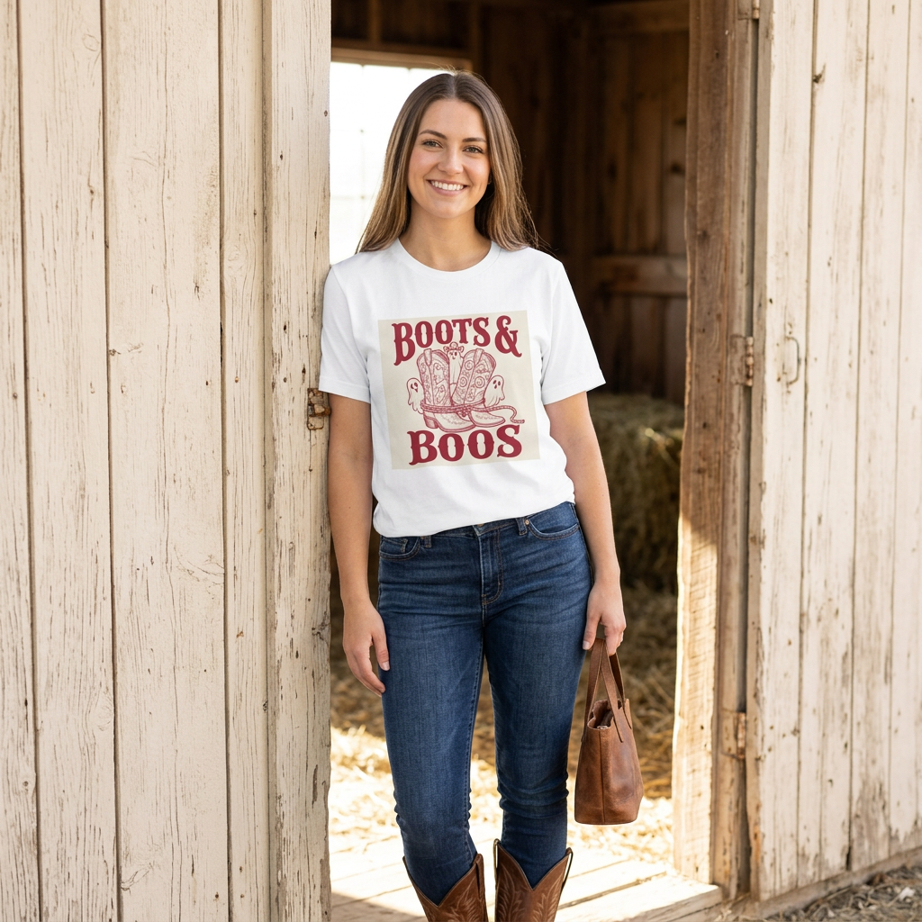Western Boots Boo Crew T-Shirt worn by a model